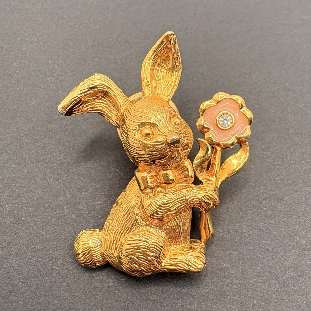 Vintage Easter Bunny Rabbit w/ Pink Enamel & Rhinestone Flower Gold Tone 1.5"